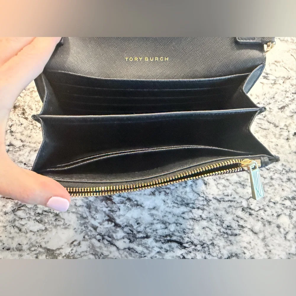 Tory Burch Black Saffiano Robinson or Emerson Gold Chain Bag Wallet Purse